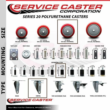 Service Caster 4'' Red Poly Wheel Swivel 1-3/8'' Expanding Stem Caster SCC-EX20S414-PPUB-RED-138
